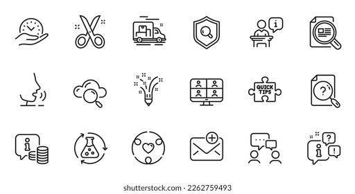 Outline set of Check article, Chemistry experiment and Cloud computing line icons for web application. Talk, information, delivery truck outline icon. Vector