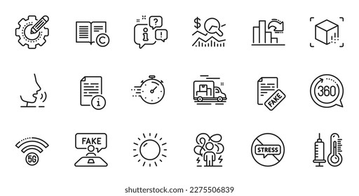 Outline set of Check investment, Fake news and Sunny weather line icons for web application. Talk, information, delivery truck outline icon. Include Timer, Thermometer, Manual icons. Vector