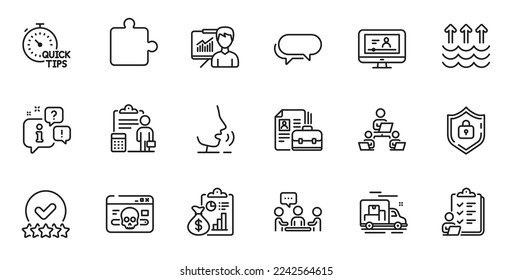 Outline set of Checklist, Rating stars and Quick tips line icons for web application. Talk, information, delivery truck outline icon. Include Vacancy, Report, People chatting icons. Vector