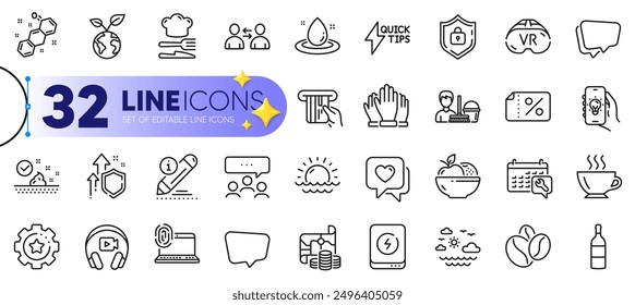 Outline set of Chemical formula, Settings gear and Spanner line icons for web with Chat message, Vr, Skin care thin icon. Meeting, Discount banner, Edit pictogram icon. Wine bottle. Vector