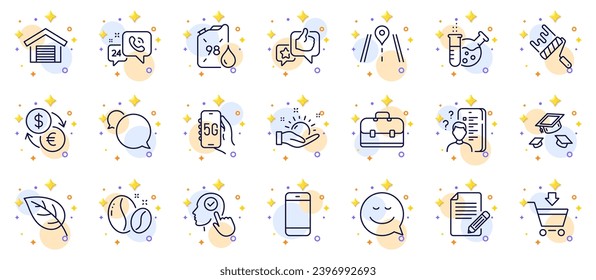 Outline set of Chemistry lab, Leaf and Like line icons for web app. Include Currency exchange, Messenger, Coffee beans pictogram icons. Portfolio, Smartphone, 5g internet signs. Survey. Vector