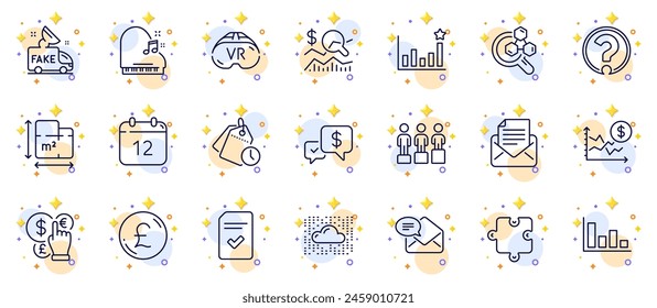Outline set of Chemistry lab, Mail correspondence and Annual calendar line icons for web app. Include Checked file, Floor plan, Question mark pictogram icons. Time management, Histogram. Vector