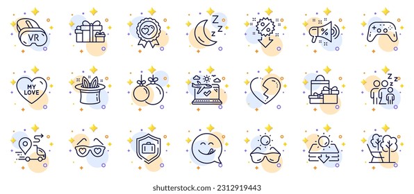Outline set of Christmas ball, Vr and Discount line icons for web app. Include Deckchair, Yummy smile, Holiday presents pictogram icons. Hat-trick, Sunglasses, Sale megaphone signs. Vector