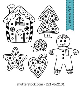 Outline set with Christmas cookies. Gingerbread man, gingerbread house, Christmas tree, star and heart.