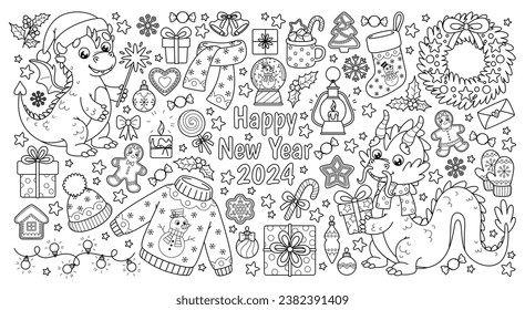 Outline set of Christmas elements and symbols Chinese New Year 2024 for holiday design. Cute Dragons, Xmas decorations and other. Vector contour cartoon illustrations perfect for kids coloring page.