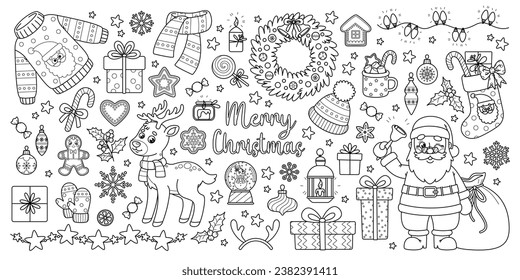 Outline set of Christmas and New Year elements for holiday design. Cute Santa, deer, Xmas decorations and other. Vector black and white contour cartoon illustrations perfect for kids coloring page.