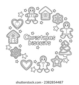 Outline set of Christmas and New Year gingerbread biscuits for holiday design. Gingerbread men, tree, house and other. Vector contour illustrations of the Xmas cookies perfect for kids coloring page.