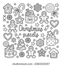 Outline set of Christmas and New Year sweets for holiday design. Candies cane, lollipops, gingerbread, festive mugs and other. Vector contour illustrations of the Xmas treats perfect for coloring page