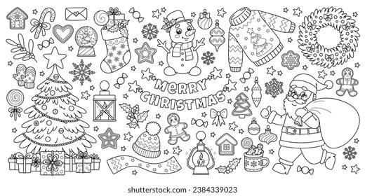 Outline set of Christmas and New Year elements for winter holiday design. Running Santa with a bag of gifts, Xmas decorated tree and other. Vector contour cartoon illustrations perfect for coloring.