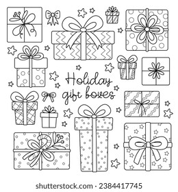 Outline set of Christmas and New Year gift boxes for holiday design of greeting cards, posters and other. Cartoon Xmas gifts, bows knot. Vector black and white contour illustrations for coloring page.