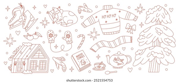 Outline set of Christmas and New Year elements for winter holiday design. Vector contour cartoon illustrations perfect for coloring.