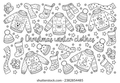 Outline set of Christmas winter clothes for holiday design. Traditional ugly sweaters with Santa Claus, deer. New Year jumpers, Xmas socks and other. Vector contour illustrations perfect for coloring.