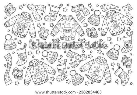 Outline set of Christmas winter clothes for holiday design. Traditional ugly sweaters with Santa Claus, deer. New Year jumpers, Xmas socks and other. Vector contour illustrations perfect for coloring.