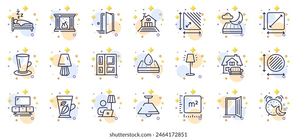 Outline set of Circle area, Entrance and Square meter line icons for web app. Include Waterproof mattress, Tv stand, Triangle area pictogram icons. Alarm, Night mattress, Floor lamp signs. Vector