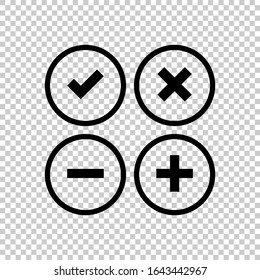 outline set circle icon cross plus check minus vector flat isolated on transparent background