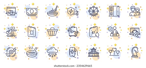 Outline set of Circus, Car charging and Shop cart line icons for web app. Include Ferris wheel, Competition, Marketing strategy pictogram icons. Teamwork, Diesel canister, Open door signs. Vector