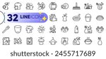 Outline set of Clean hands, Glass and Dirty t-shirt line icons for web with Dry t-shirt, Clean bubbles, Fork thin icon. Dont touch, Washing cloth, Coronavirus spray pictogram icon. Vector