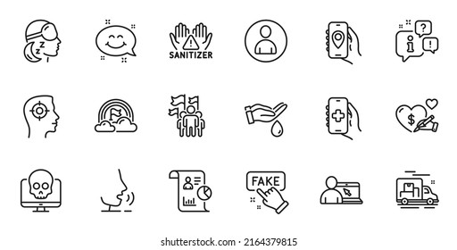 Outline Set Of Clean Hands, Social Care And Wash Hands Line Icons For Web Application. Talk, Information, Delivery Truck Outline Icon. Include Avatar, Insomnia, Recruitment Icons. Vector