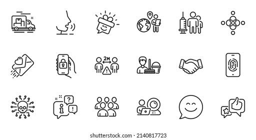 Outline set of Cleaning service, Cyber attack and Employees handshake line icons for web application. Talk, information, delivery truck outline icon. Vector