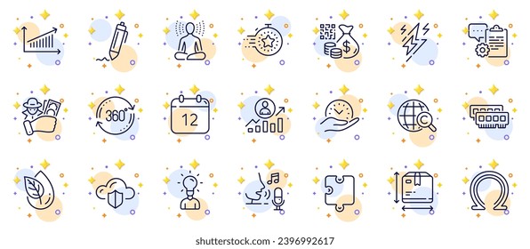 Outline set of Clipboard, Chart and Organic product line icons for web app. Include Timer, Omega, Box size pictogram icons. Puzzle, Education, Qr code signs. Annual calendar, Safe time. Vector