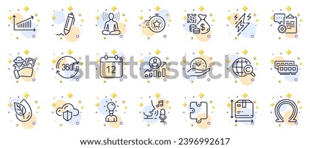 Outline set of Clipboard, Chart and Organic product line icons for web app. Include Timer, Omega, Box size pictogram icons. Puzzle, Education, Qr code signs. Annual calendar, Safe time. Vector