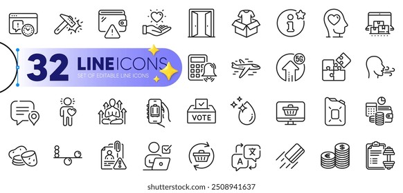 Outline set of Clothing, Chat bubble and 5g upload line icons for web with Online storage, Project deadline, Puzzle thin icon. Web shop, Yoga, Info pictogram icon. Open door, Translate. Vector