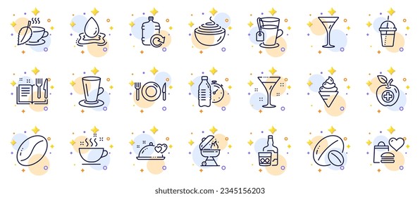 Conjunto de esquemas de iconos de la línea del libro de café, alimentos y recetas para la aplicación web. Incluye donación de comida, vidrio de Whiskey, iconos románticos del pictograma de la cena. Vidrio de Martini, té de menta, signos de helado. Vector