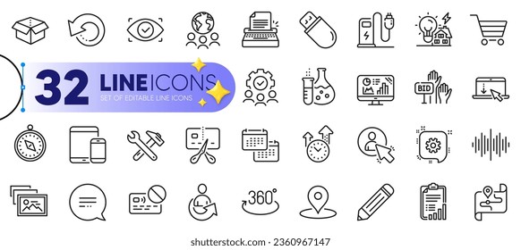 Outline set of Cogwheel, Share and Spanner tool line icons for web with Usb stick, Open box, Analytics graph thin icon. Scroll down, Sound wave, Teamwork pictogram icon. Pencil, Card. Vector