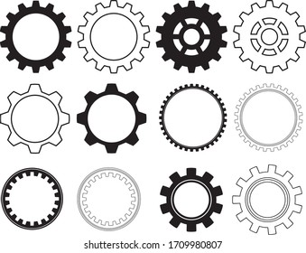 Conjunto de esquemas de iconos vectoriales de CogWheel para diseño web aislado en fondo blanco. Gases
