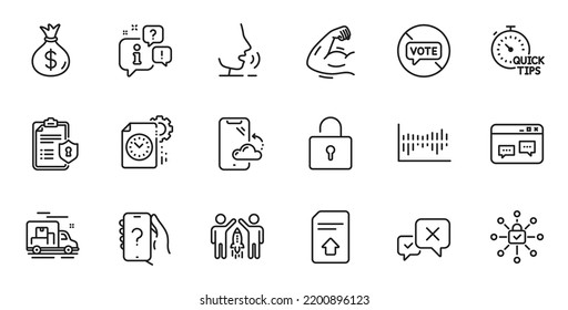 Outline Set Of Column Diagram, Upload File And Browser Window Line Icons For Web Application. Talk, Information, Delivery Truck Outline Icon. Include Partnership, Stop Voting, Reject Icons. Vector