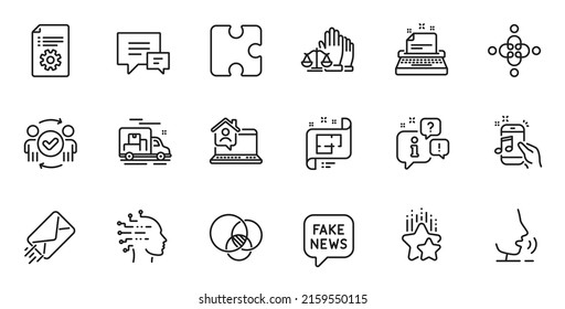 Outline Set Of Comment, Approved Teamwork And Music Phone Line Icons For Web Application. Talk, Information, Delivery Truck Outline Icon. Include Puzzle, Euler Diagram, Ranking Stars Icons. Vector