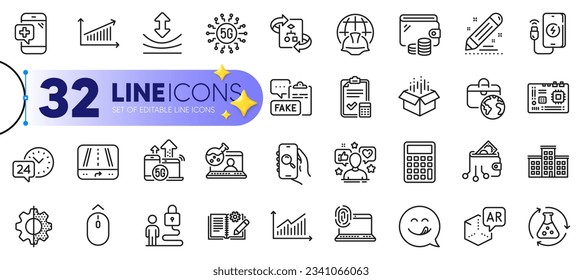 Outline set of Computer fingerprint, Transform and Influence line icons for web with Accounting checklist, Graph, Augmented reality thin icon. Lock, Calculator. Design with yellow 3d stars. Vector