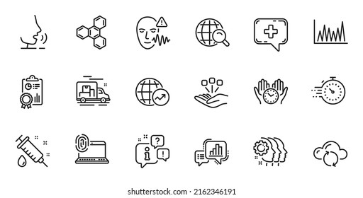 Outline Set Of Consolidation, Internet Search And Medical Syringe Line Icons For Web Application. Talk, Information, Delivery Truck Outline Icon. Vector