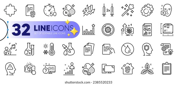 Outline set of Consumption growth, Psychology and Hold document line icons for web with No waterproof, Stats, Face declined thin icon. Fair trade, Mental health, Music pictogram icon. Vector