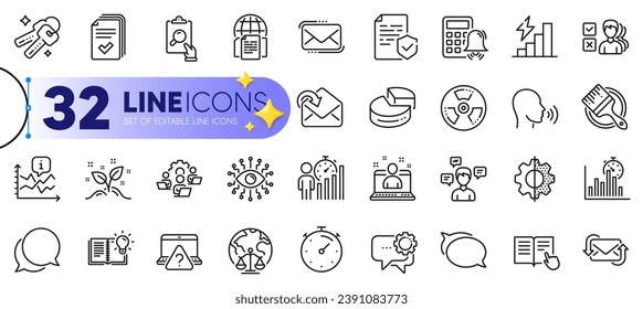 Outline set of Consumption growth, Talk bubble and Calculator alarm line icons for web with Transform, Artificial intelligence, Timer thin icon. Chat message, Magistrates court. Vector