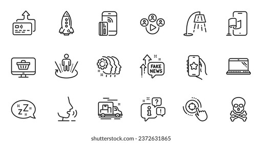 Outline set of Contactless payment, Favorite app and Fake news line icons for web application. Talk, information, delivery truck outline icon. Vector