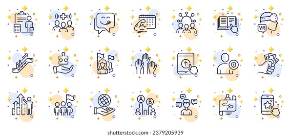 Outline set of Conversation messages, Fitness calendar and Safe planet line icons for web app. Include Escalator, Squad, Security pictogram icons. Feminism, Journey path, Fraud signs. Vector