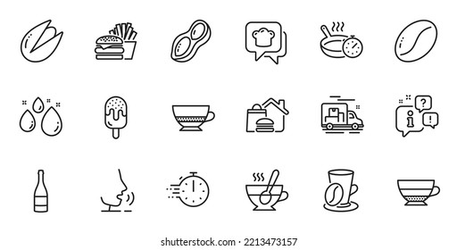 Outline set of Cooking hat, Frying pan and Peanut line icons for web application. Talk, information, delivery truck outline icon. Include Ice cream, Champagne bottle, Coffee cup icons. Vector