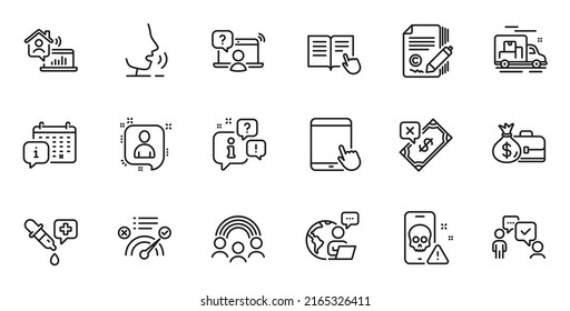 Outline set of Copywriting, Chemistry pipette and Cyber attack line icons for web application. Talk, information, delivery truck outline icon. Vector
