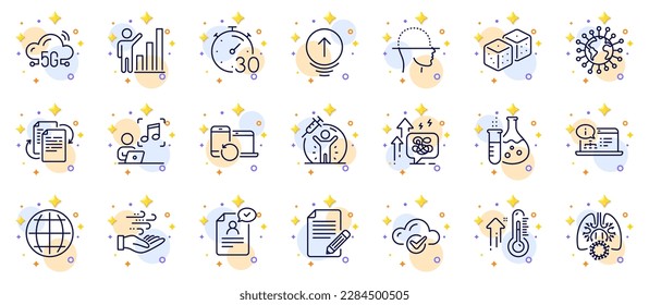 Outline set of Coronavirus, 5g cloud and Face scanning line icons for web app. Include High thermometer, Wind energy, Graph chart pictogram icons. Timer, Music, Stress grows signs. Vector