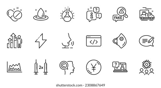 Outline set of Coronavirus, Writer and Employee results line icons for web application. Talk, information, delivery truck outline icon. Include Chemistry experiment, Medical mask, Faq icons. Vector