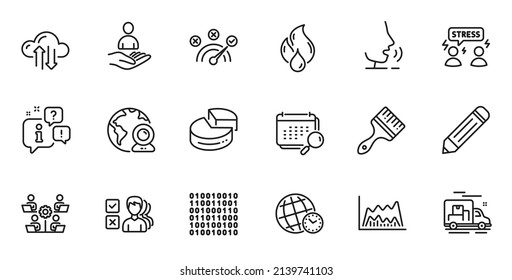 Outline set of Correct answer, Pencil and Cloud sync line icons for web application. Talk, information, delivery truck outline icon. Include Brush, Teamwork, Video conference icons. Vector