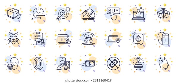 Outline set of Corrupt, Time schedule and Face biometrics line icons for web app. Include Parcel tracking, Target, Best manager pictogram icons. Brand ambassador, Money transfer. Vector
