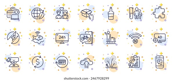 Outline set of Couple love, Software and Hold box line icons for web app. Include 5g wifi, Dollar exchange, Cloud upload pictogram icons. Luggage belt, Seo adblock, Report signs. Message. Vector