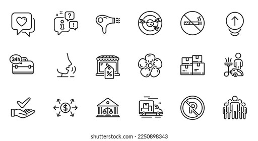 Outline set of Court building, Group and Swipe up line icons for web application. Talk, information, delivery truck outline icon. Include Cleaning, No parking, Hair dryer icons. Vector