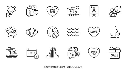 Outline set of Crane claw machine, For ever and New star line icons for web application. Talk, information, delivery truck outline icon. Include Discounts chat, Puzzle, Ice creams icons. Vector