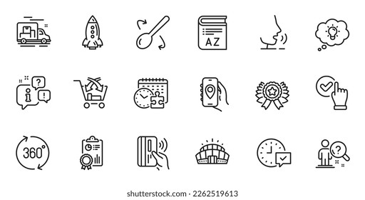 Outline set of Cross sell, Inspect and Location app line icons for web application. Talk, information, delivery truck outline icon. Include Cooking spoon, Select alarm, Vocabulary icons. Vector