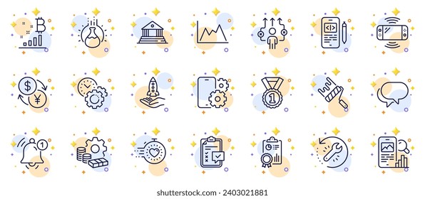 Outline set of Crowdfunding, Money and Best rank line icons for web app. Include Court building, Diagram, Phone code pictogram icons. Phone search, Chemistry experiment, Business way signs. Vector