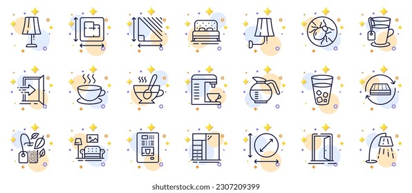 Conjunto de esquema de los iconos de línea de portapapeles, lámpara de tabla y área circular de la aplicación web. Incluya los iconos de los pictogramas de la puerta abierta, de la cocina, de la colchoneta. Zona triangular, té helado, señales de té. Cafetería. Vector