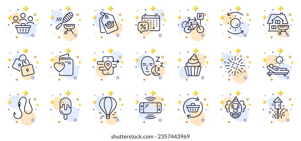 Outline set of Cupcake, Lounger and Discounts calendar line icons for web app. Include Fireworks explosion, Fireworks, Ice cream pictogram icons. Home grill, Love document. Vector
